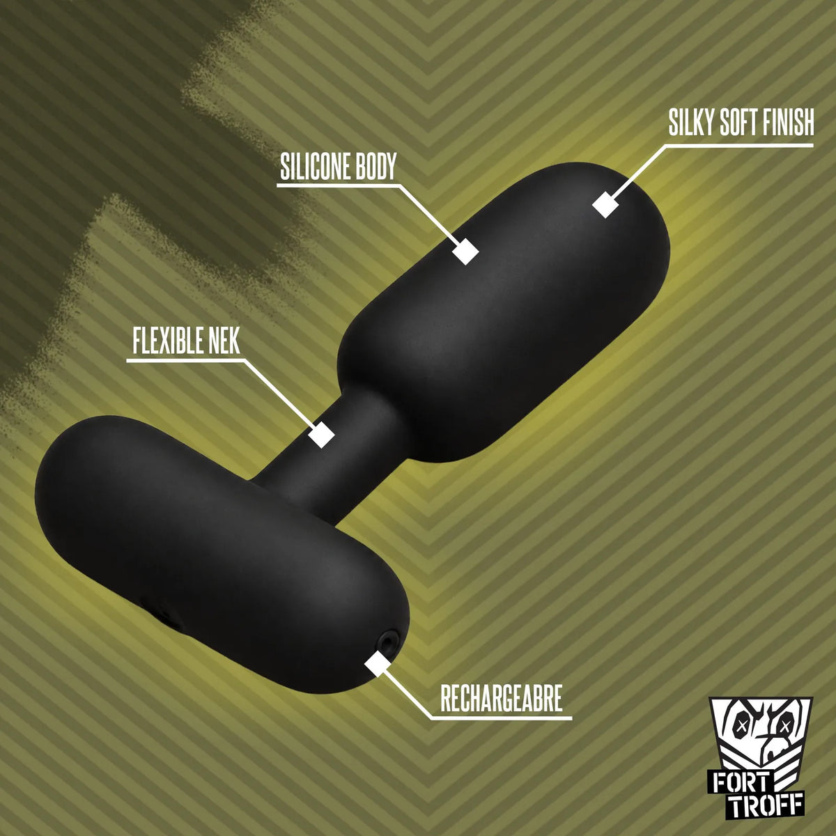 Powershift 300 Vibrating Prostate Massager with callouts for the silicone body, flexible neck and charging port, Fort Troff