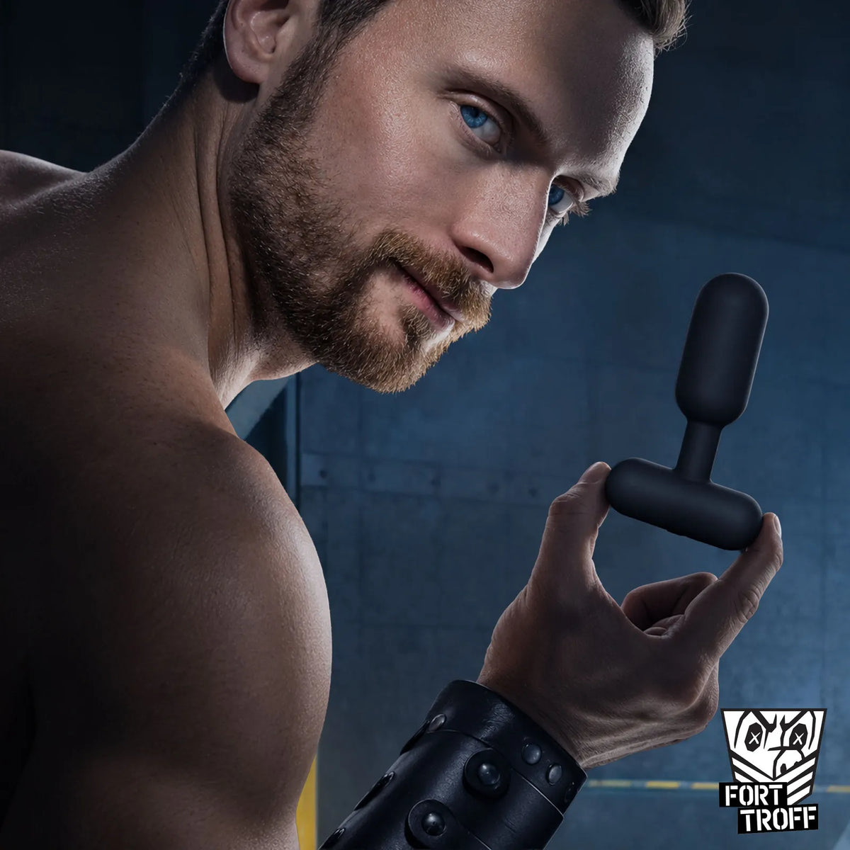 Powershift 300 Vibrating Prostate Massager held up by a bearded model wearing a leather wrist cuff, Fort Troff