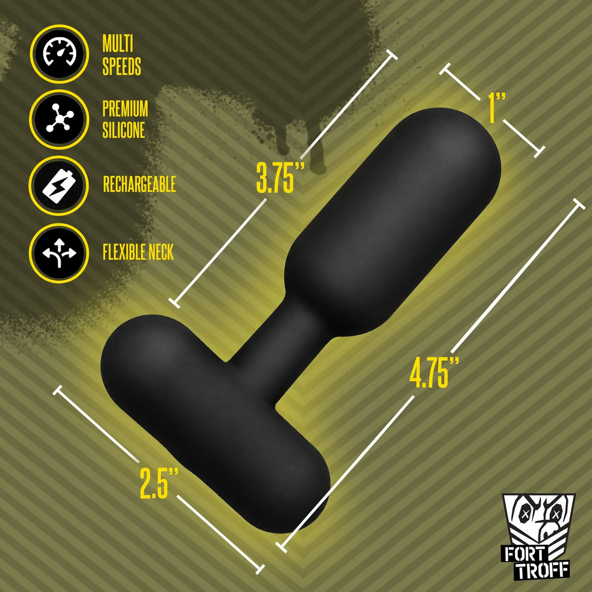 Powershift 300 Vibrating Prostate Massager with 4.75 in length, 3.75 in insertable, 1 in width and 2.5 in base dimension callouts, Fort Troff