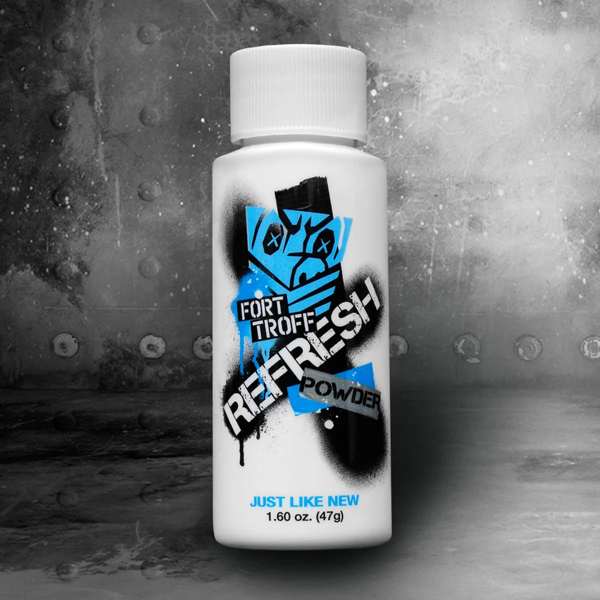 Fort Troff Real Deal Refresh renewal powder bottle on a steel background