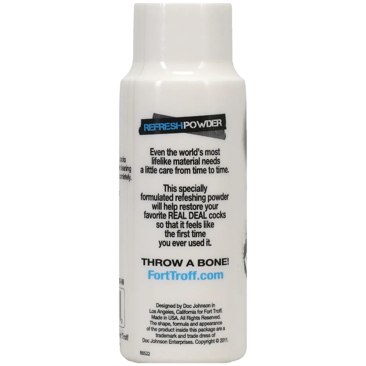 Real Deal Refresh powder side label describing how it restores realistic toys