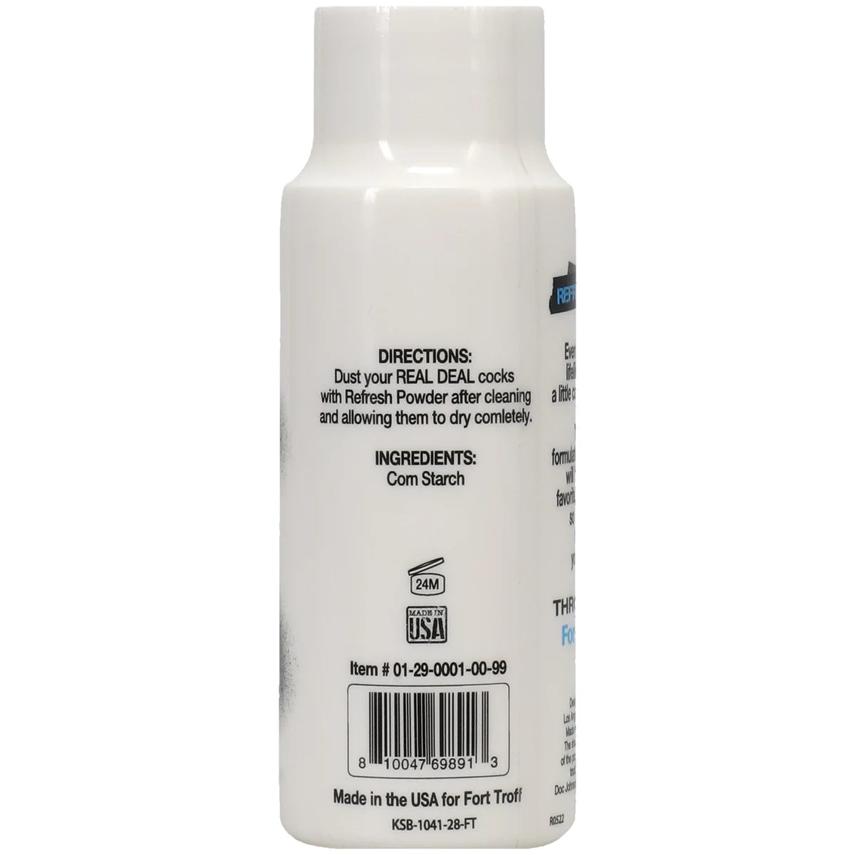 Real Deal Refresh back label showing directions and corn starch ingredient