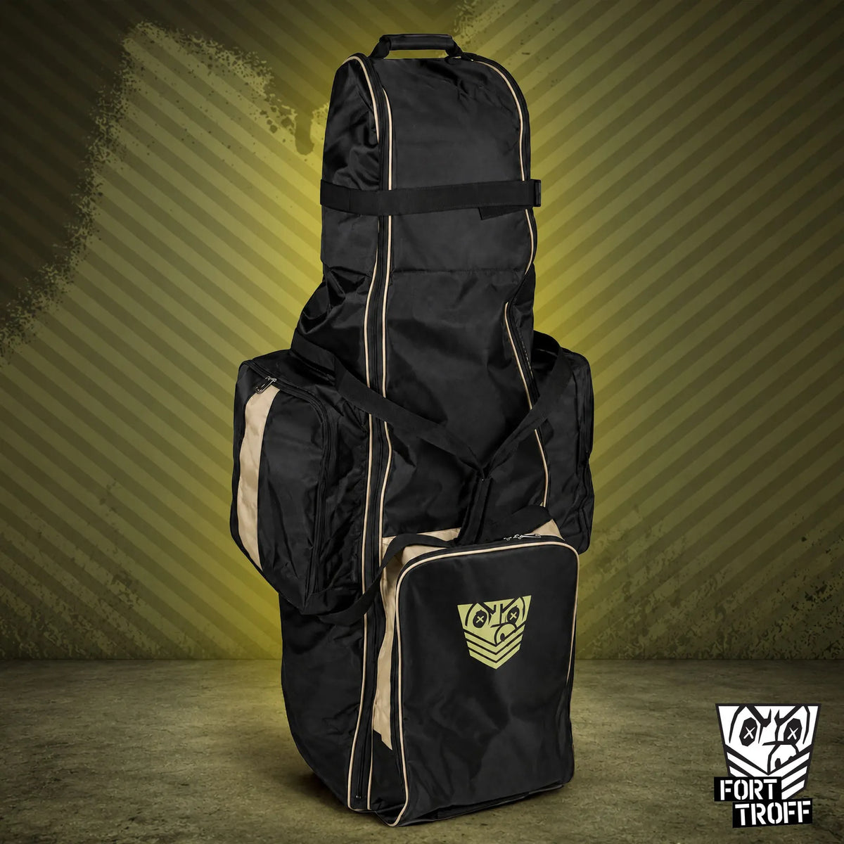 Rolling Sling Travel Bag upright against an olive striped backdrop with side and front pockets zipped, Fort Troff