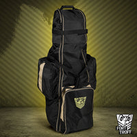 Rolling Sling Travel Bag upright against an olive striped backdrop with side and front pockets zipped, Fort Troff
