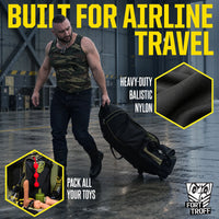 Rolling Sling Travel Bag wheeled through a hangar by a model in a camo tank, airline travel graphic with nylon and toy pocket insets, Fort Troff