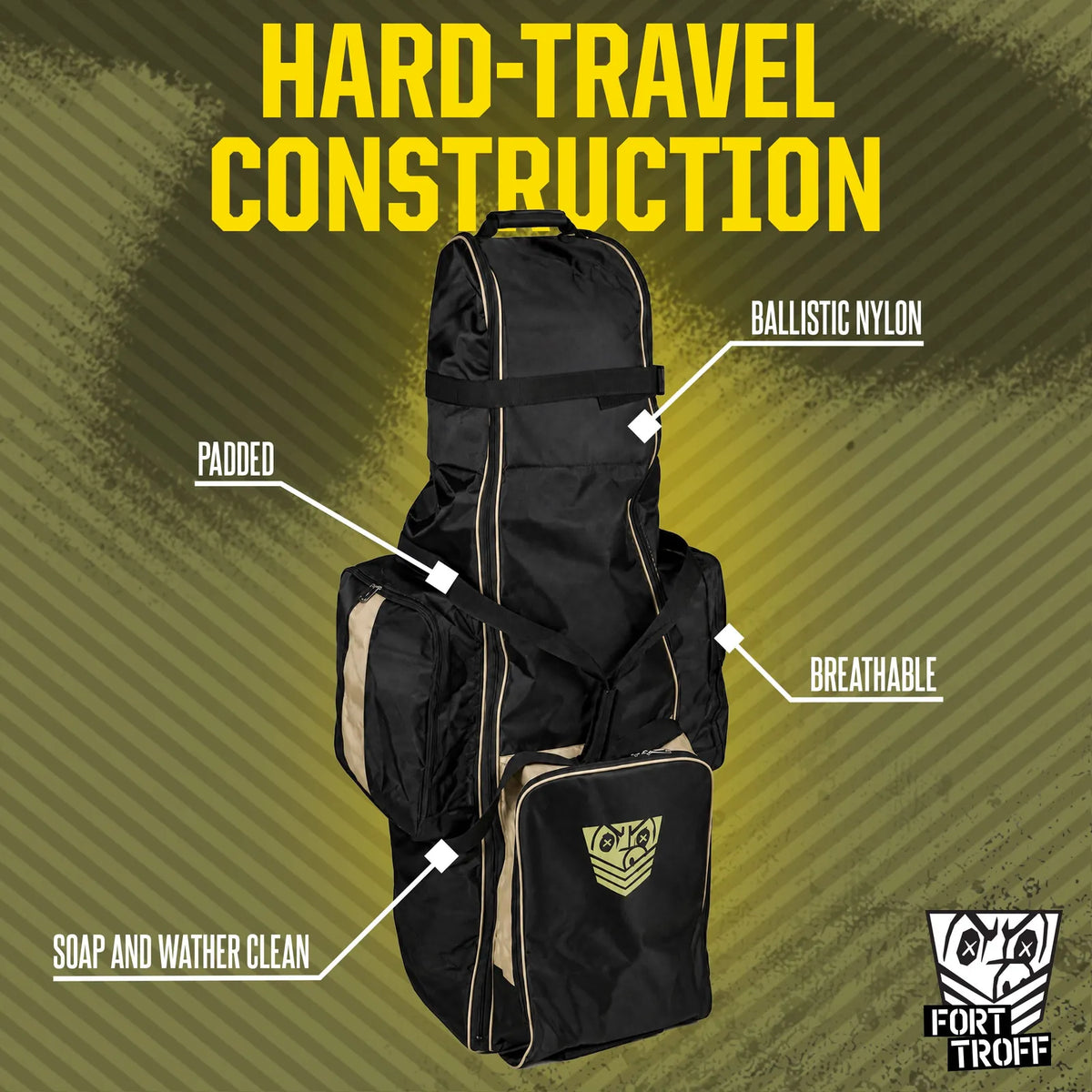 Rolling Sling Travel Bag construction callout: ballistic nylon, padded, breathable, soap and water clean, Fort Troff
