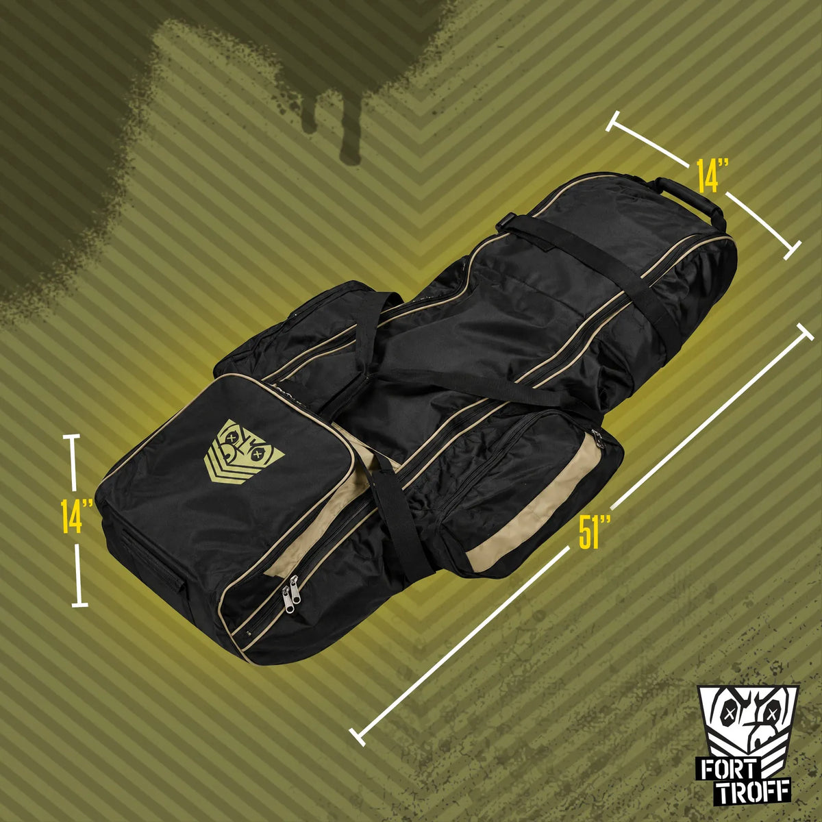 Rolling Sling Travel Bag laid flat with 51 inch and 14 inch dimension lines, Fort Troff