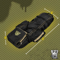 Rolling Sling Travel Bag laid flat with 51 inch and 14 inch dimension lines, Fort Troff
