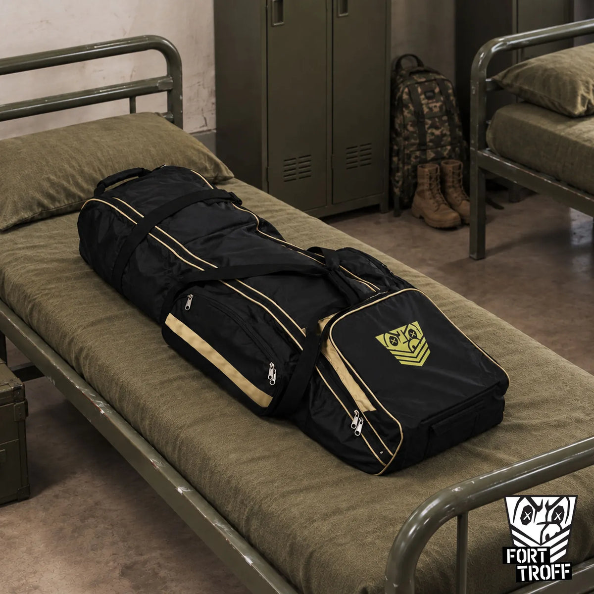 Rolling Sling Travel Bag packed and lying on a barracks cot, Fort Troff