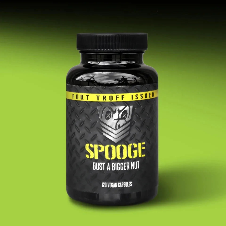Spooge semen volume supplement bottle, 120 vegan capsules, Fort Troff Issued, bust a bigger nut