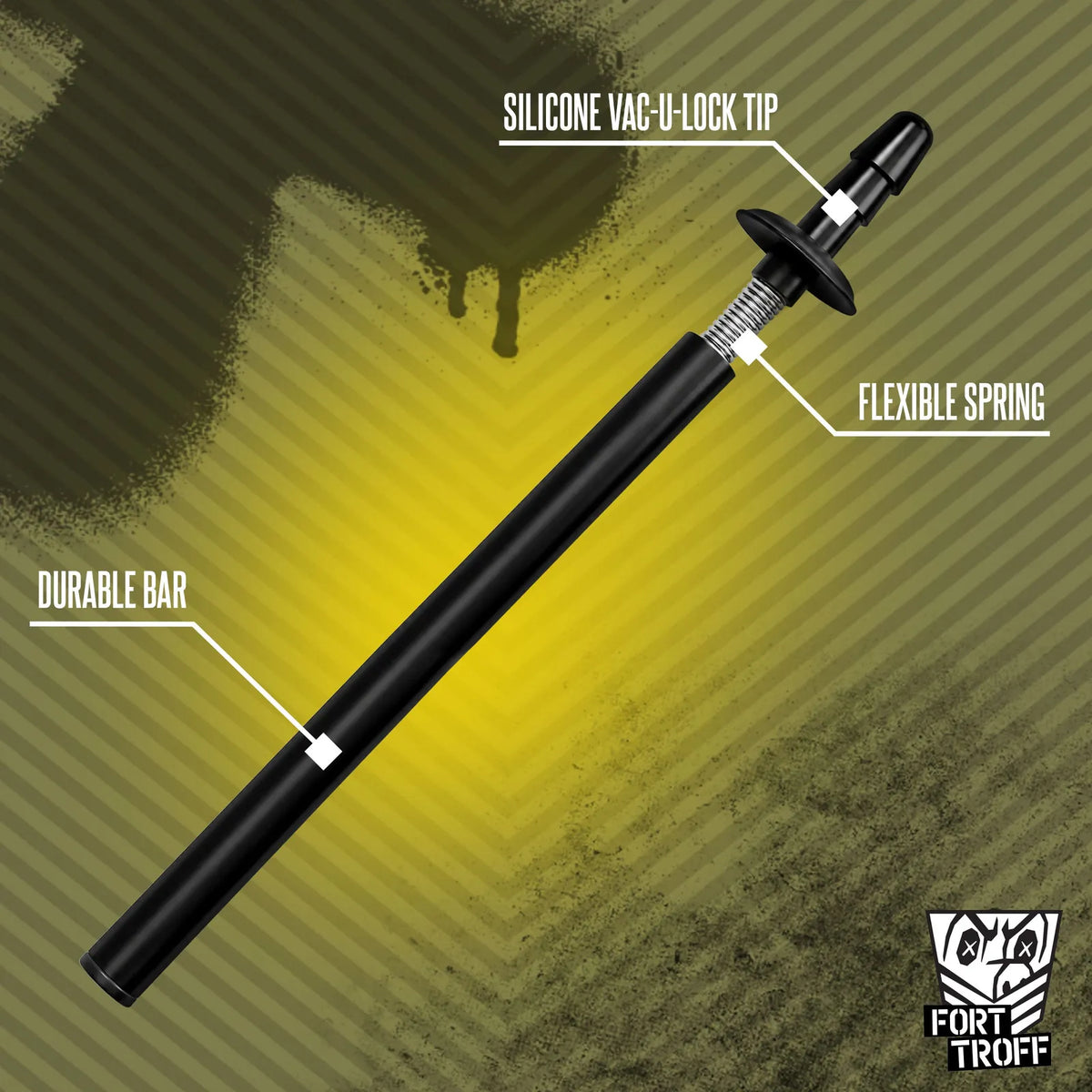Spring Fuk Bar callout of the silicone Vac-U-Lock tip, flexible spring and durable bar, Fort Troff