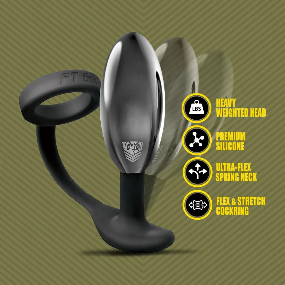 Spring Loaded Lock'D features: heavy weighted head, premium silicone, ultra-flex spring neck, flex cock ring, Fort Troff