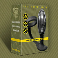Spring Loaded Lock'D locking metal butt plug beside its Fort Troff Issued camo box