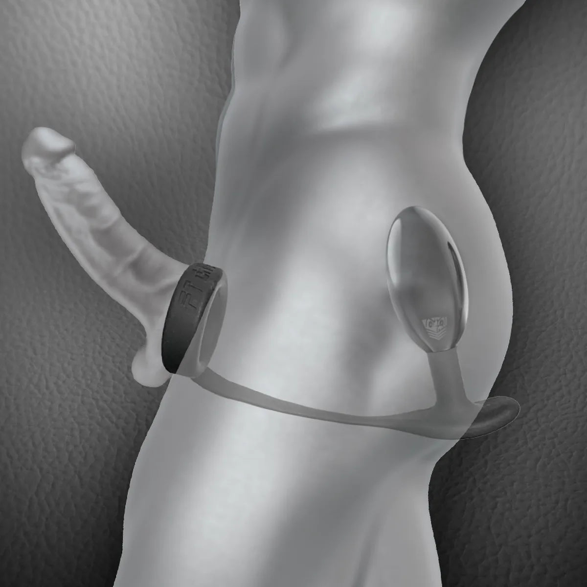 Wireframe diagram of a body wearing the Spring Loaded Lock'D plug and cock ring