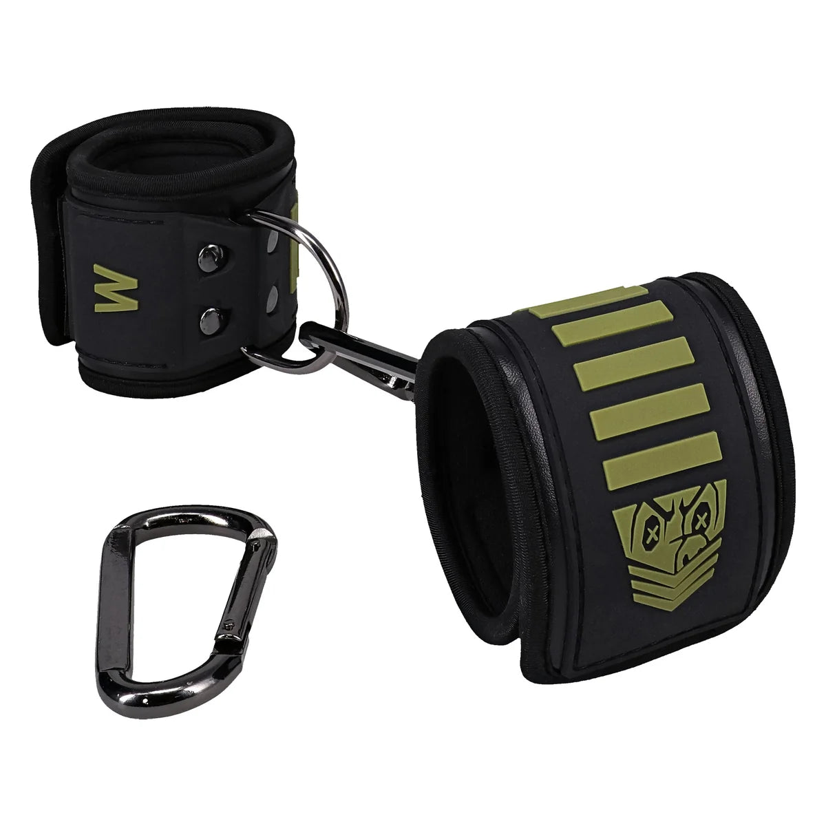 Tactical Wrist Cuffs pair with carabiner, buckle-free velcro restraints product shot, Fort Troff