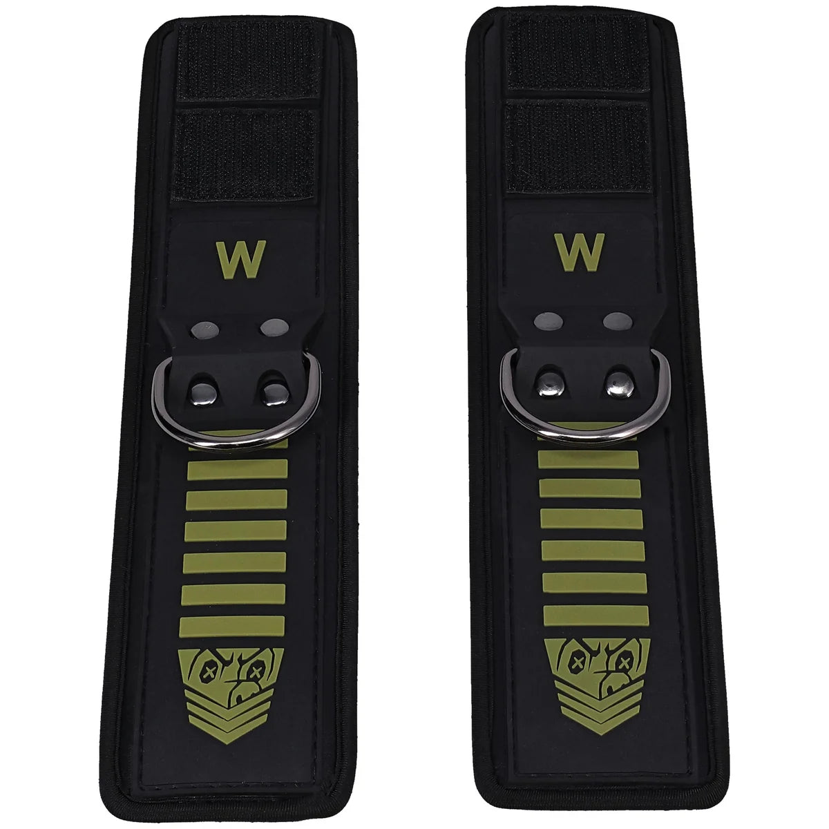 Tactical Wrist Cuffs pair laid flat, black neoprene with olive stripes, W marking and steel D-rings, Fort Troff
