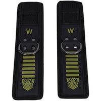Tactical Wrist Cuffs pair laid flat, black neoprene with olive stripes, W marking and steel D-rings, Fort Troff