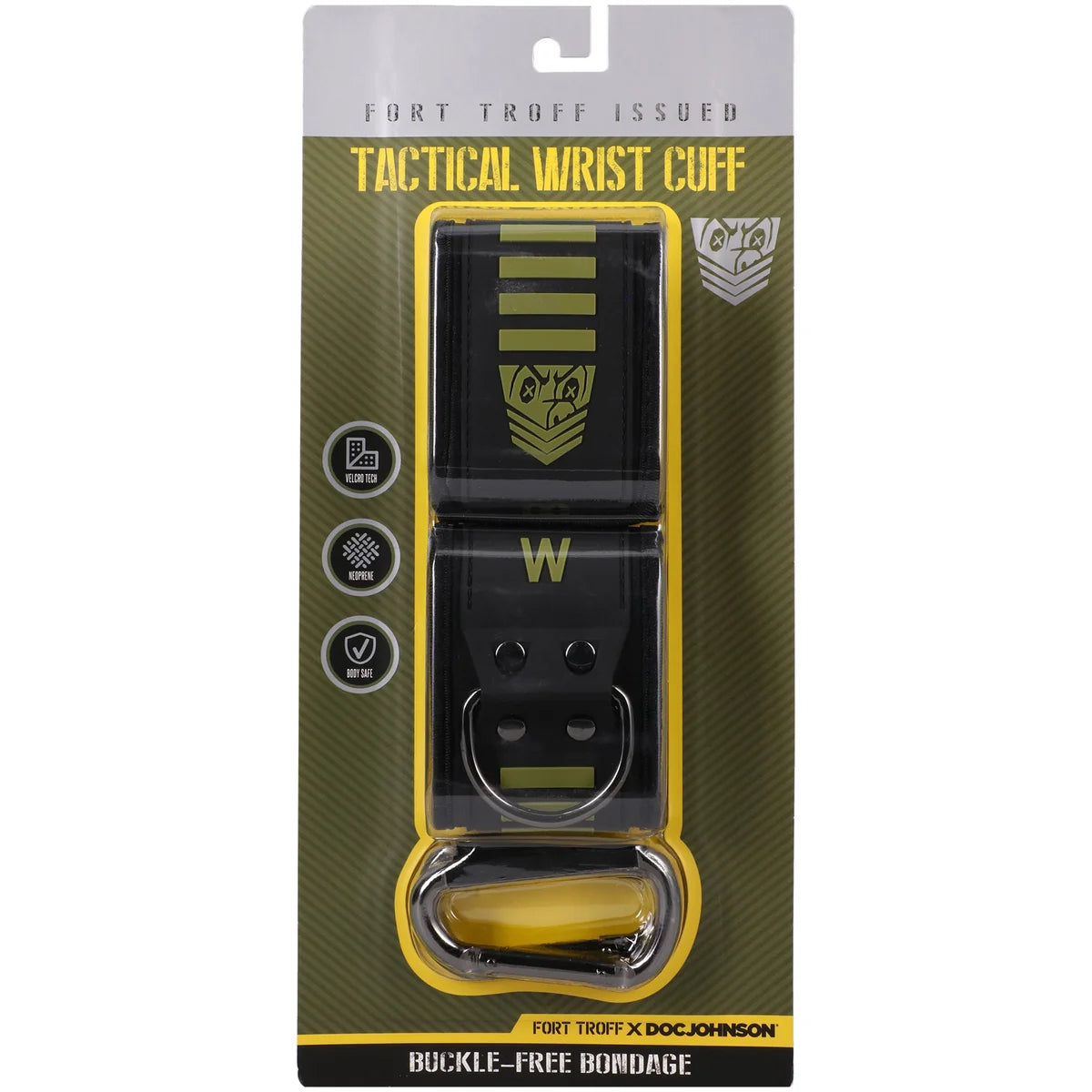 Tactical Wrist Cuff in Fort Troff x Doc Johnson retail packaging, front of blister pack