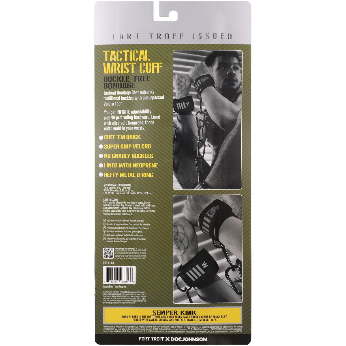 Tactical Wrist Cuff retail packaging back with features and lifestyle photos, Fort Troff x Doc Johnson