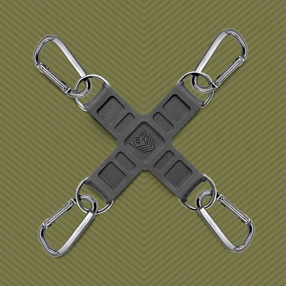 Tactical Hogtie restraint kit silicone X-hub with four steel carabiner clips, Fort Troff