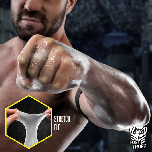 Fist and forearm sheathed in the FFister XL fisting glove, inset showing the stretch fit, Fort Troff