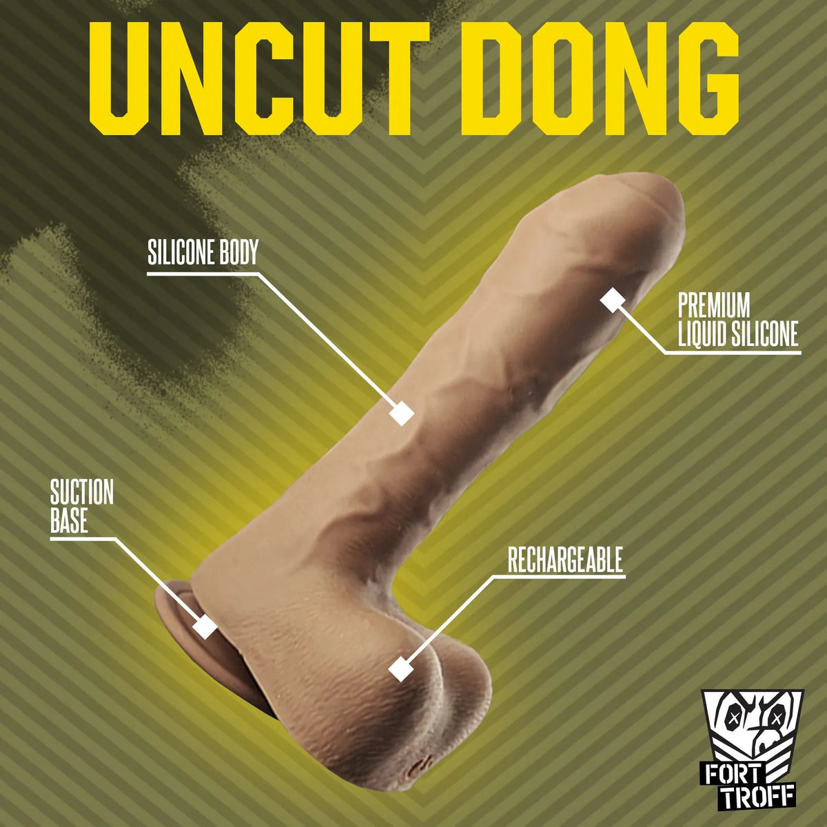 Uncut Thruster callout diagram: silicone body, premium liquid silicone, suction base and rechargeable, Fort Troff