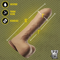 Uncut Thruster dimensions: 10 inches total, 7 inches insertable, 2 inches wide, waterproof and rechargeable, Fort Troff