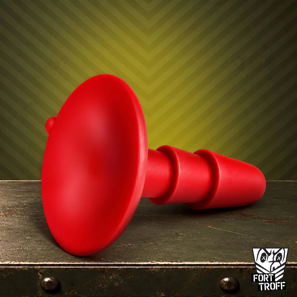 Red Vac-U-Lock Suction Cup Base lying on its side on a metal crate, Fort Troff