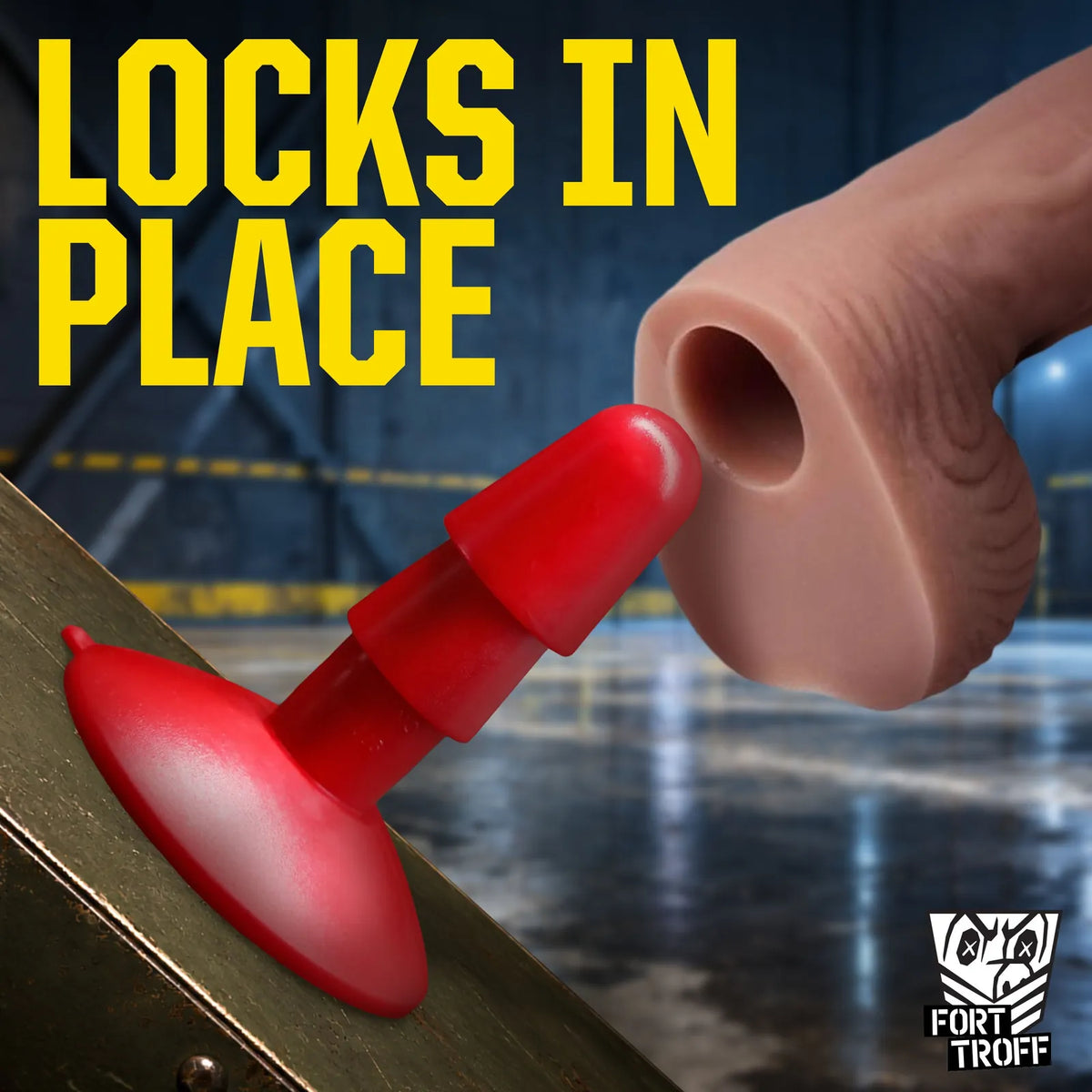 Dildo sliding onto the red Vac-U-Lock Suction Cup Base mounted on a wall, Fort Troff