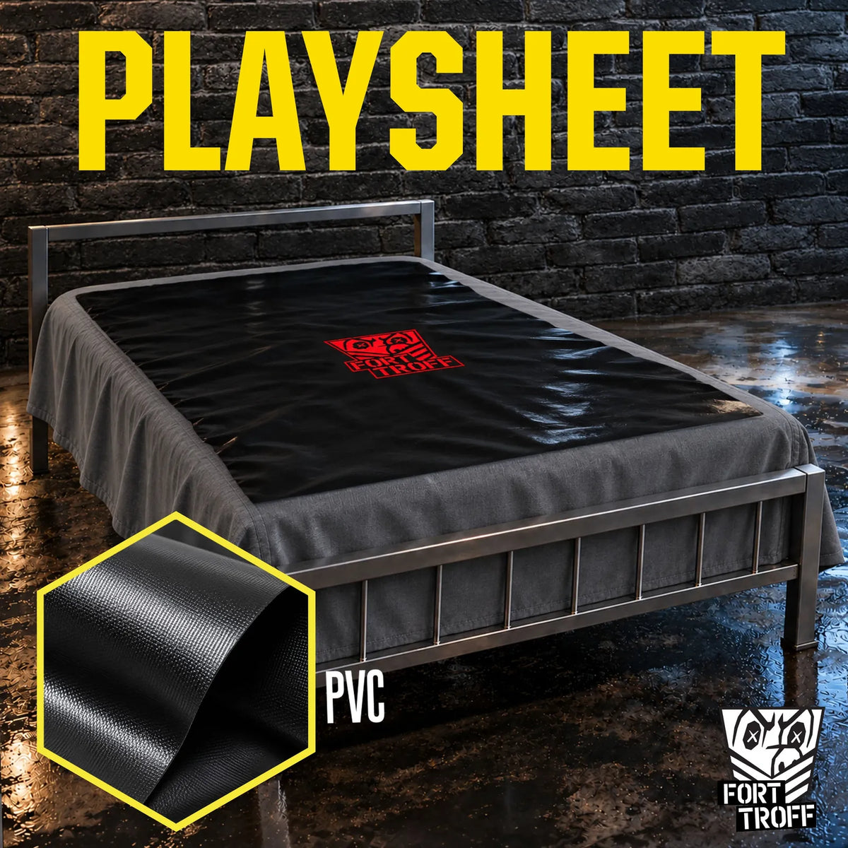 Waterproof PVC Playsheet on a bed with PVC material close-up inset, Fort Troff