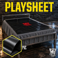Waterproof PVC Playsheet on a bed with PVC material close-up inset, Fort Troff