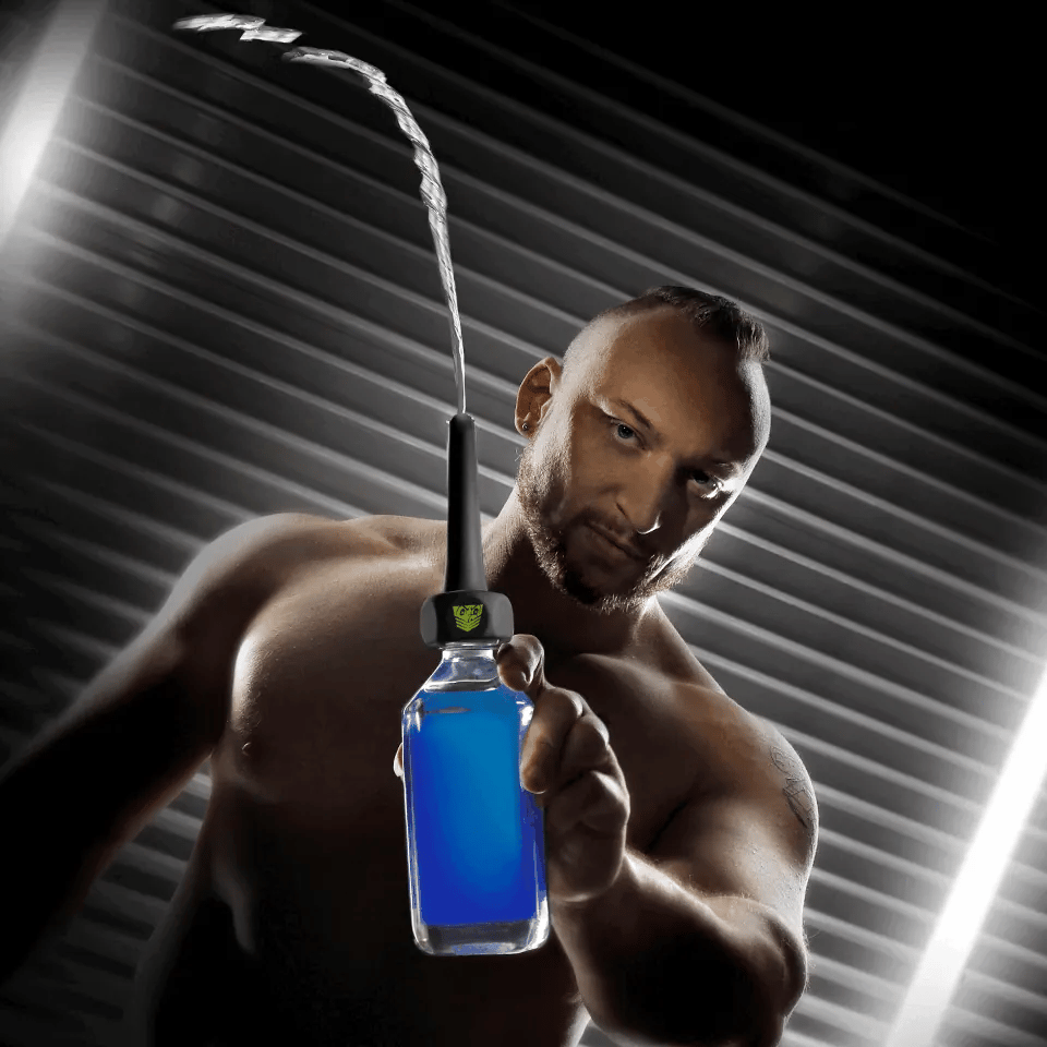 WTR-works squeeze bottle douche nozzle spraying a stream, animated, Fort Troff