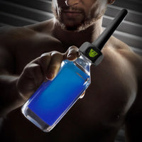 Model holding a water bottle fitted with the WTR-works douche nozzle, Fort Troff