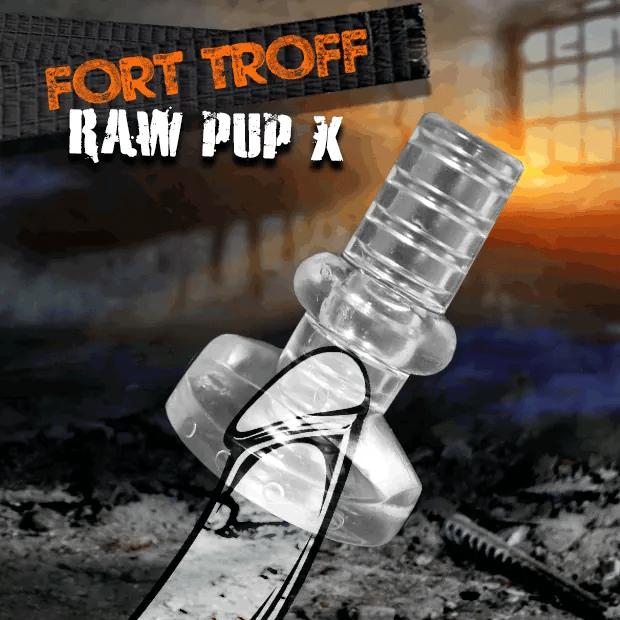 Clear Raw Pup X open-ended penis sleeve with its knot base, animated, Fort Troff