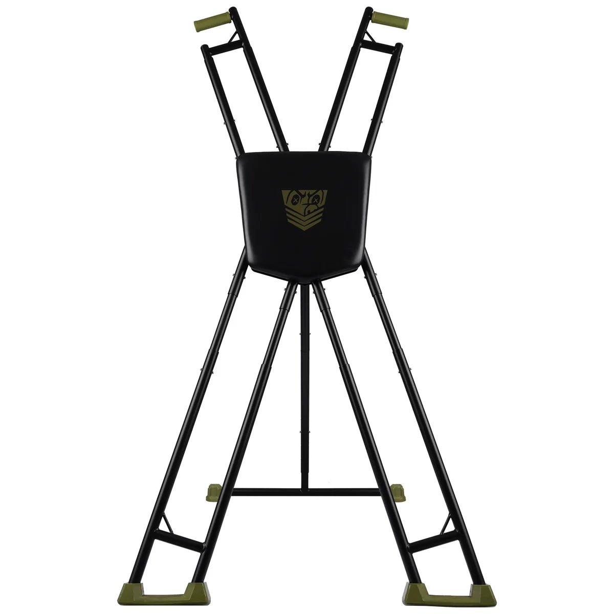 Tactical Cross portable Saint Andrews cross front view, black steel X-frame with center pad, Fort Troff