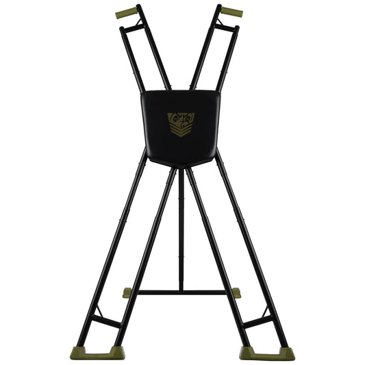 Tactical Cross portable Saint Andrews cross front view, black steel X-frame with center pad, Fort Troff