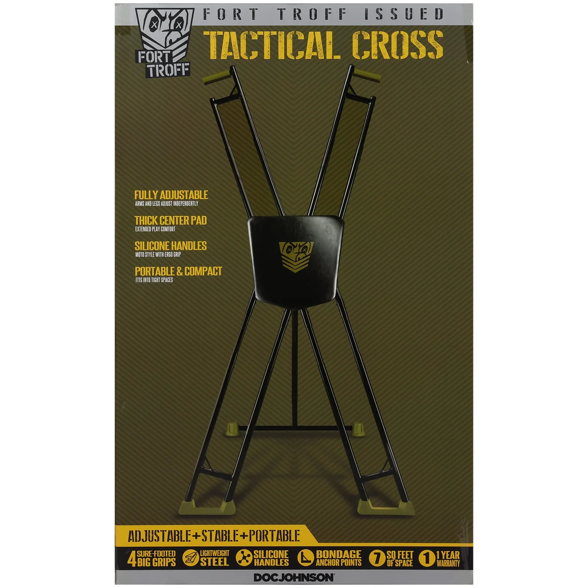 Tactical Cross retail box angled view showing the folded cross graphic and feature list, Fort Troff