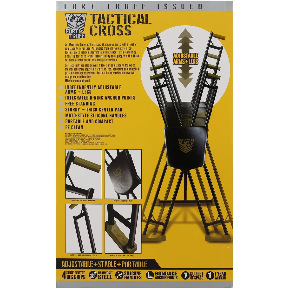 Tactical Cross retail box back with adjustable arms and legs diagram and specs, Fort Troff