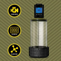 Banshee Pump Cock 'N Ball Edition features: strong motor, LCD display, silicone base, with graduated measurement scale on cylinder. Fort Troff.