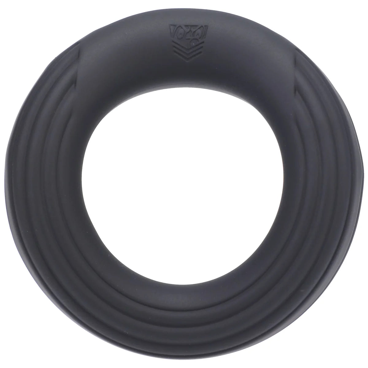 Rev Cock Throbber ribbed silicone cock ring front view with Fort Troff shield logo