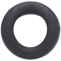 Rev Cock Throbber ribbed silicone cock ring front view with Fort Troff shield logo