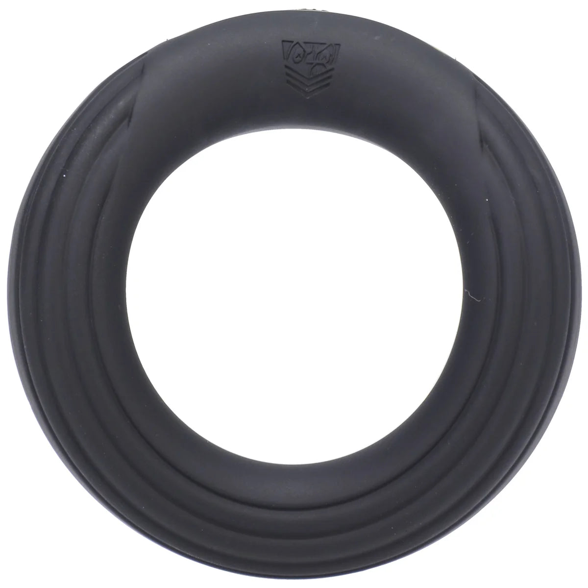 Rev Cock Throbber ribbed silicone cock ring top-down view with shield logo, Fort Troff