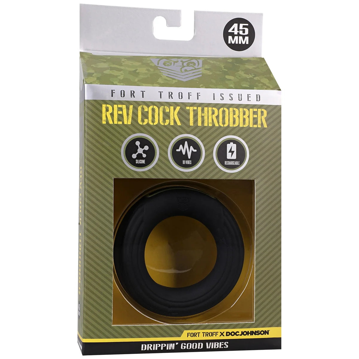 Rev Cock Throbber Regular 45 mm in Fort Troff x Doc Johnson retail box, front view