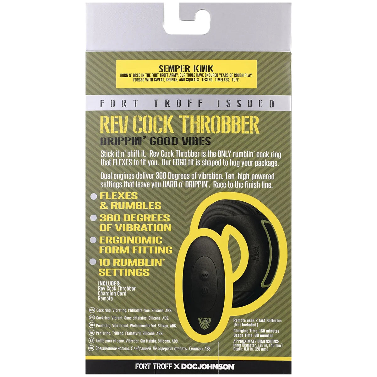 Rev Cock Throbber Regular retail box back with flexes and rumbles, 360 degree vibration, 10 settings, Fort Troff x Doc Johnson