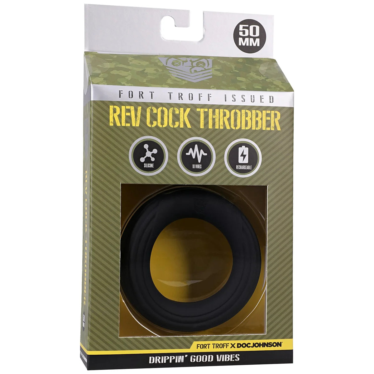 Rev Cock Throbber Large 50 mm in Fort Troff x Doc Johnson retail box, front view