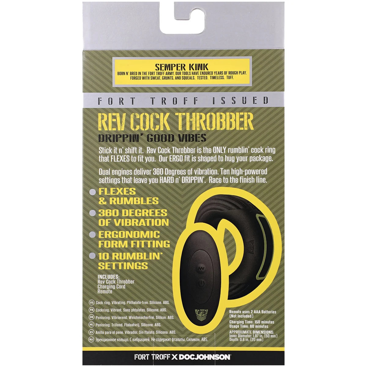Rev Cock Throbber Large retail box back with features and remote details, Fort Troff x Doc Johnson