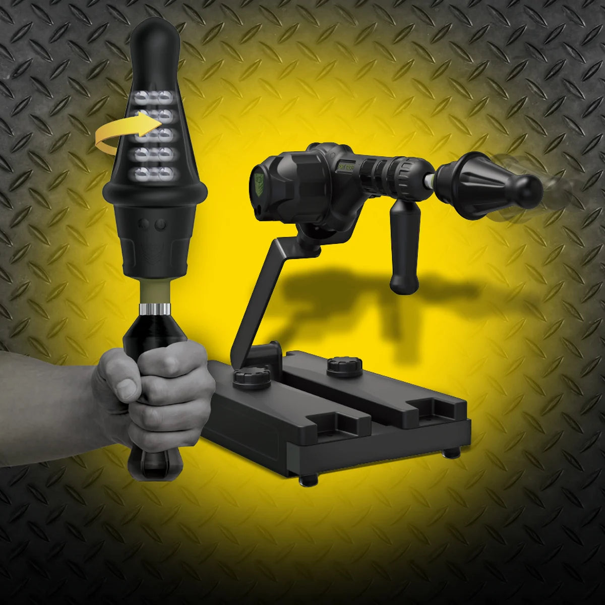 Gunner System 3-in-1 fucking machine on its ballast base with the handheld rotating attachment in hand, Fort Troff