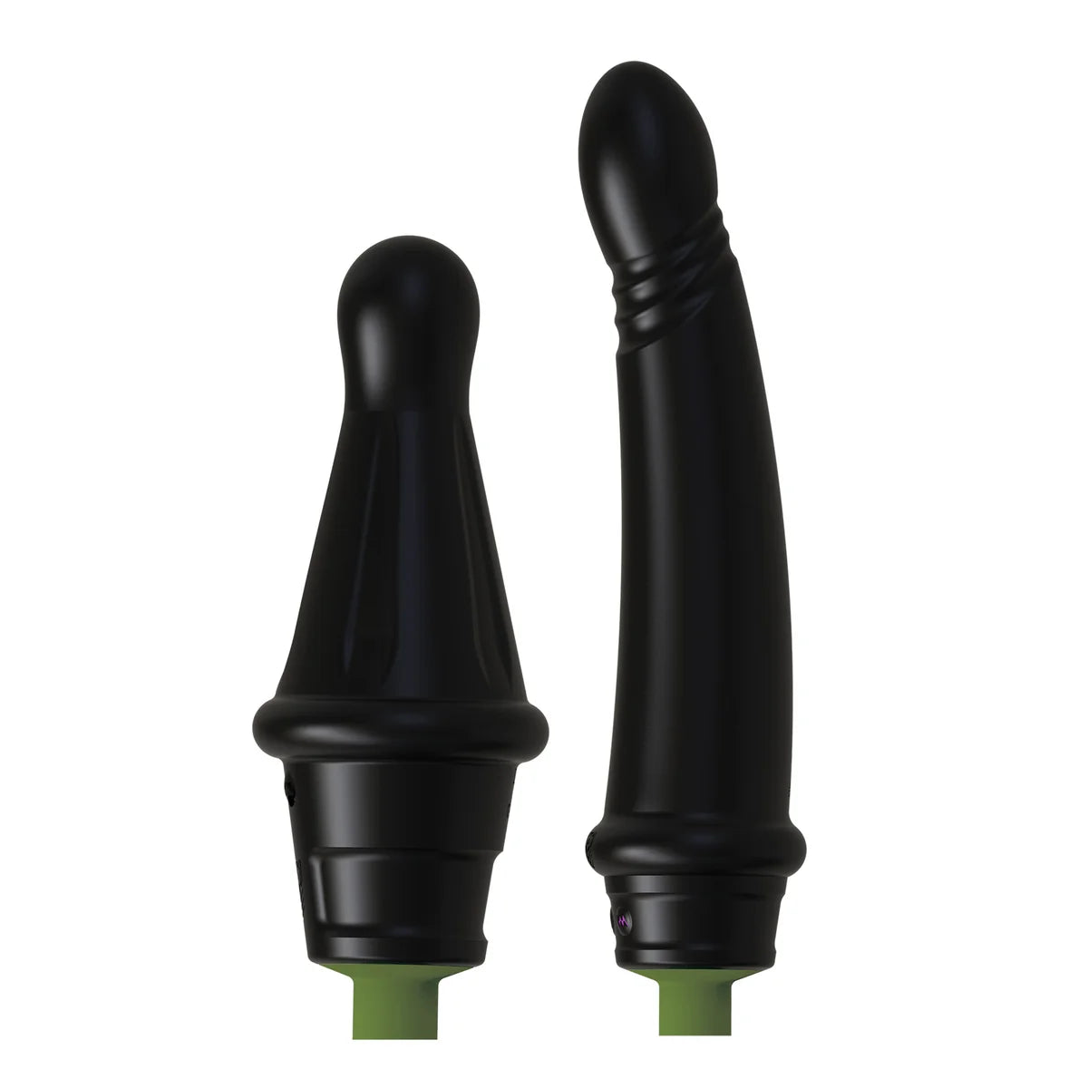 Gunner System two dildo attachments, wide plug and slim dong, on olive collars, Fort Troff