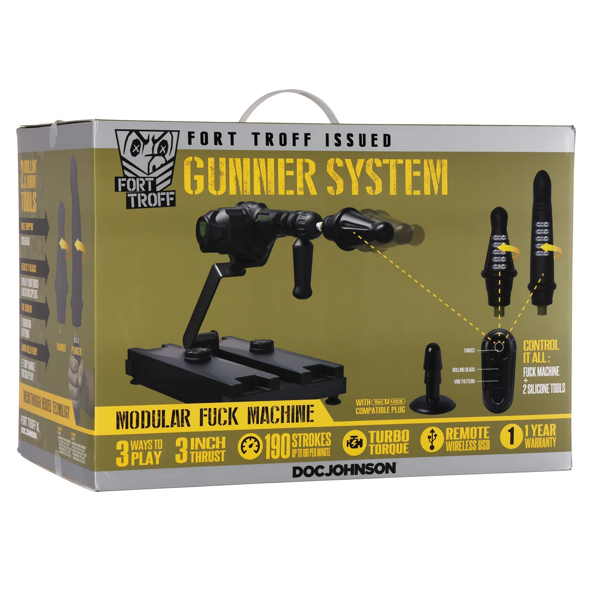 Gunner System 3-in-1 fucking machine in Fort Troff Issued retail box, front, 3 ways to play