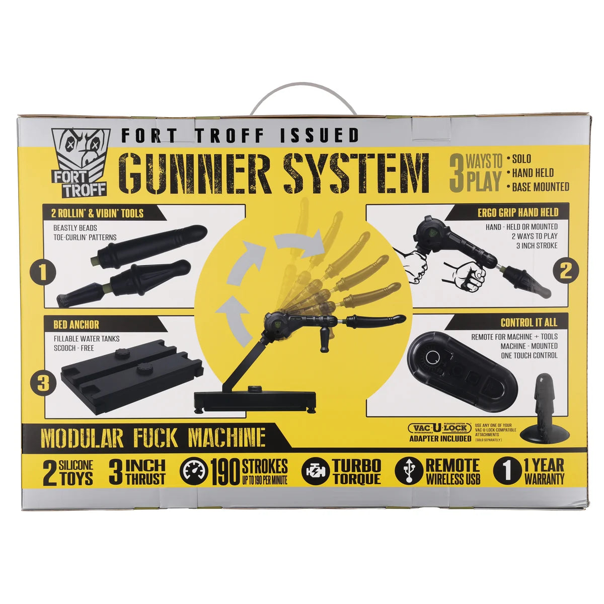 Gunner System retail box back with solo, handheld and base-mounted play diagrams and specs, Fort Troff